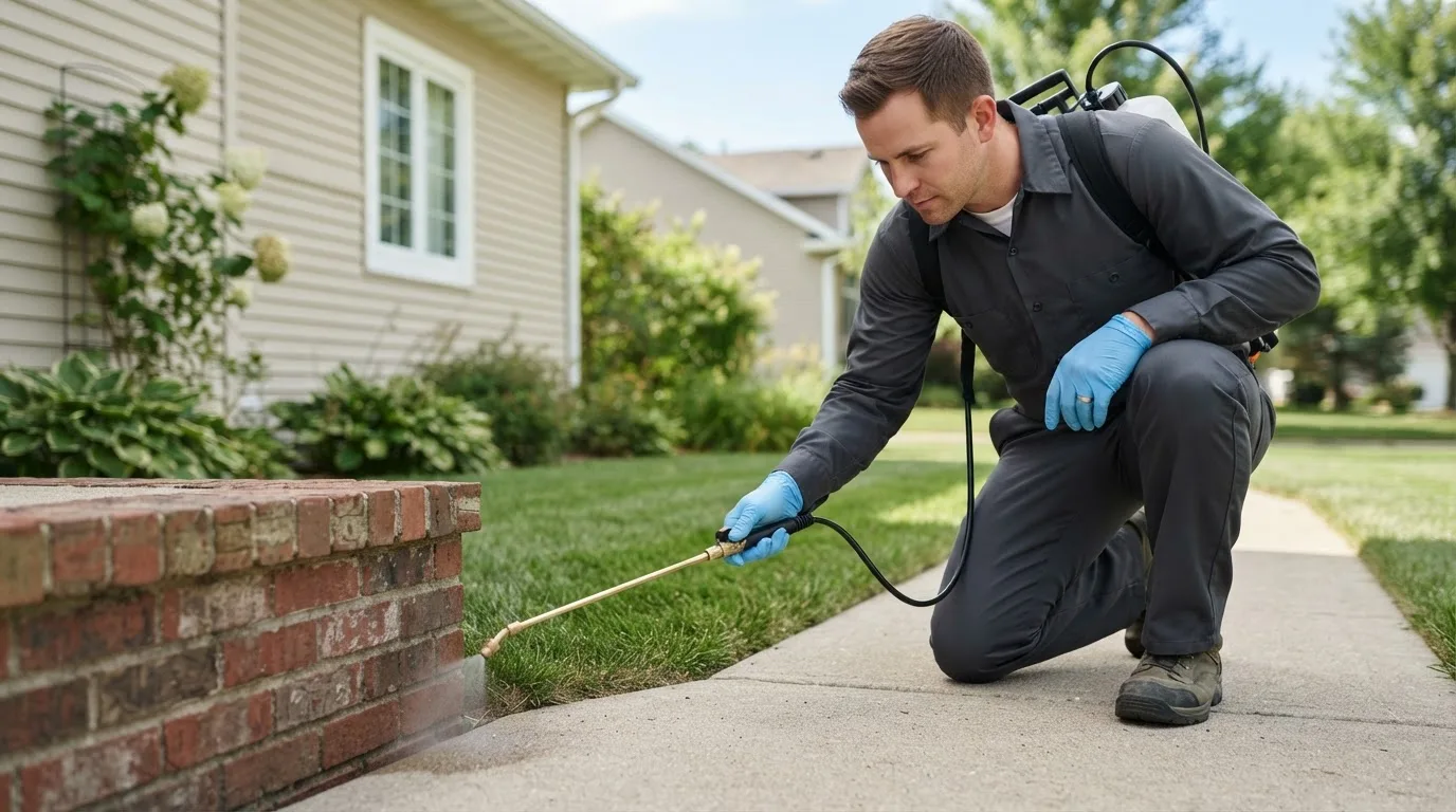 Pest control technician treating a home near Rowley, MA